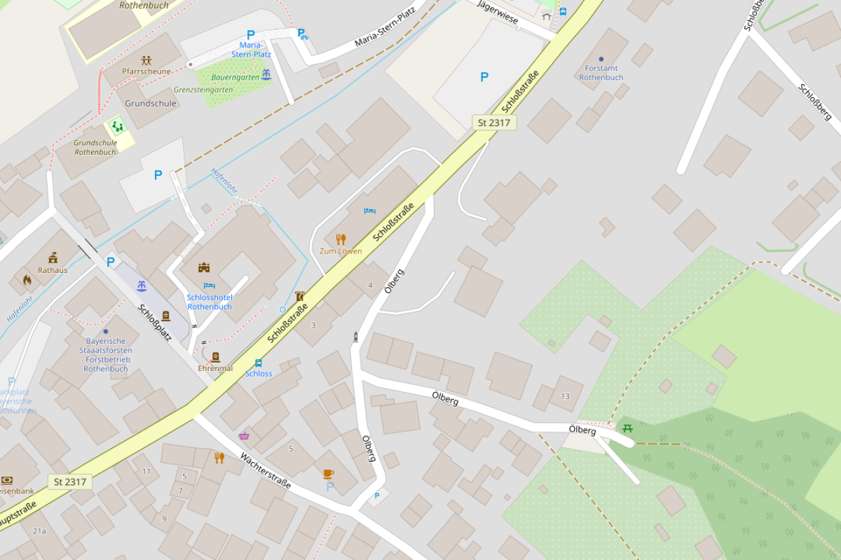 Karte mit Café und Parkmöglichkeiten an der Ecke Schlossstraße und Jägerwiese