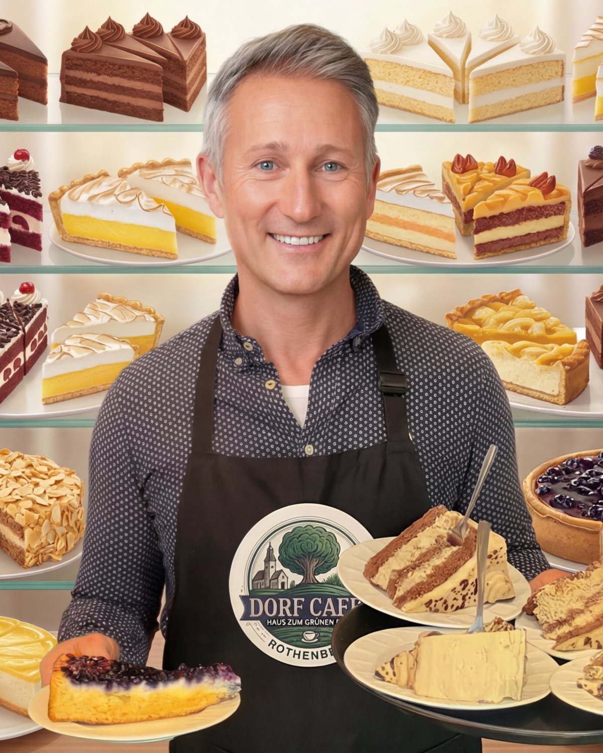 Mann vor einer Auswahl von Tortenstücken im Dorf Cafe Rothenbuch.